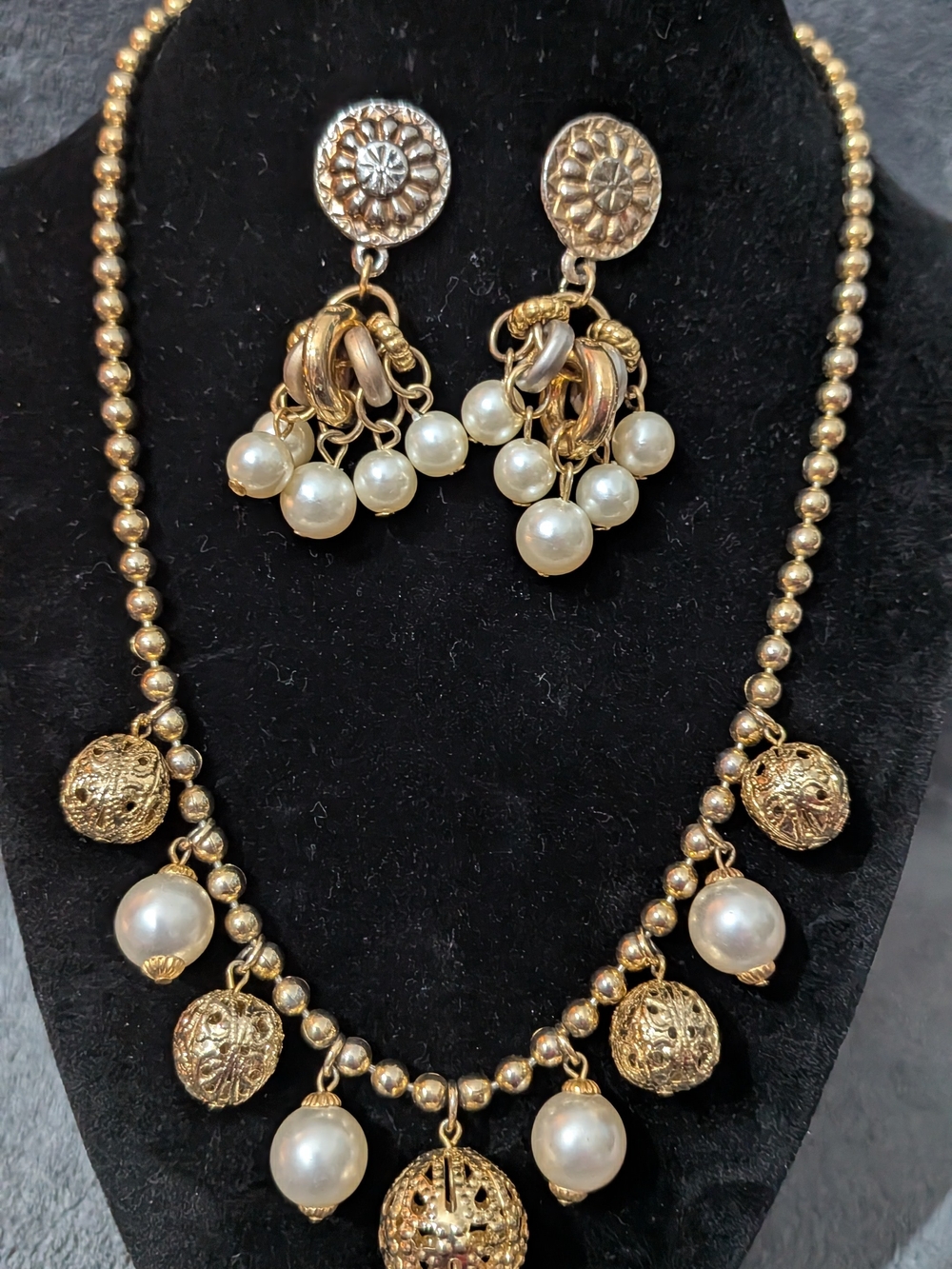 Gold Pearl Drop Necklace and Earrings Set